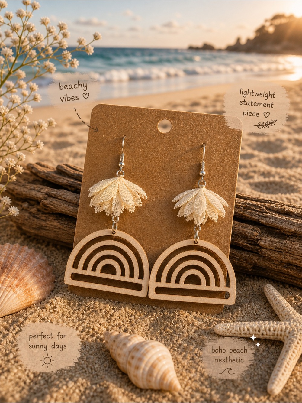 Hand Crafted Cream Boho Tassel Rainbow Wood Drop Earrings